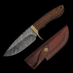 Old Ram 9" Damascus Steel (256 Layer) Hunting Knife Celtic Knot-work Wood Handle