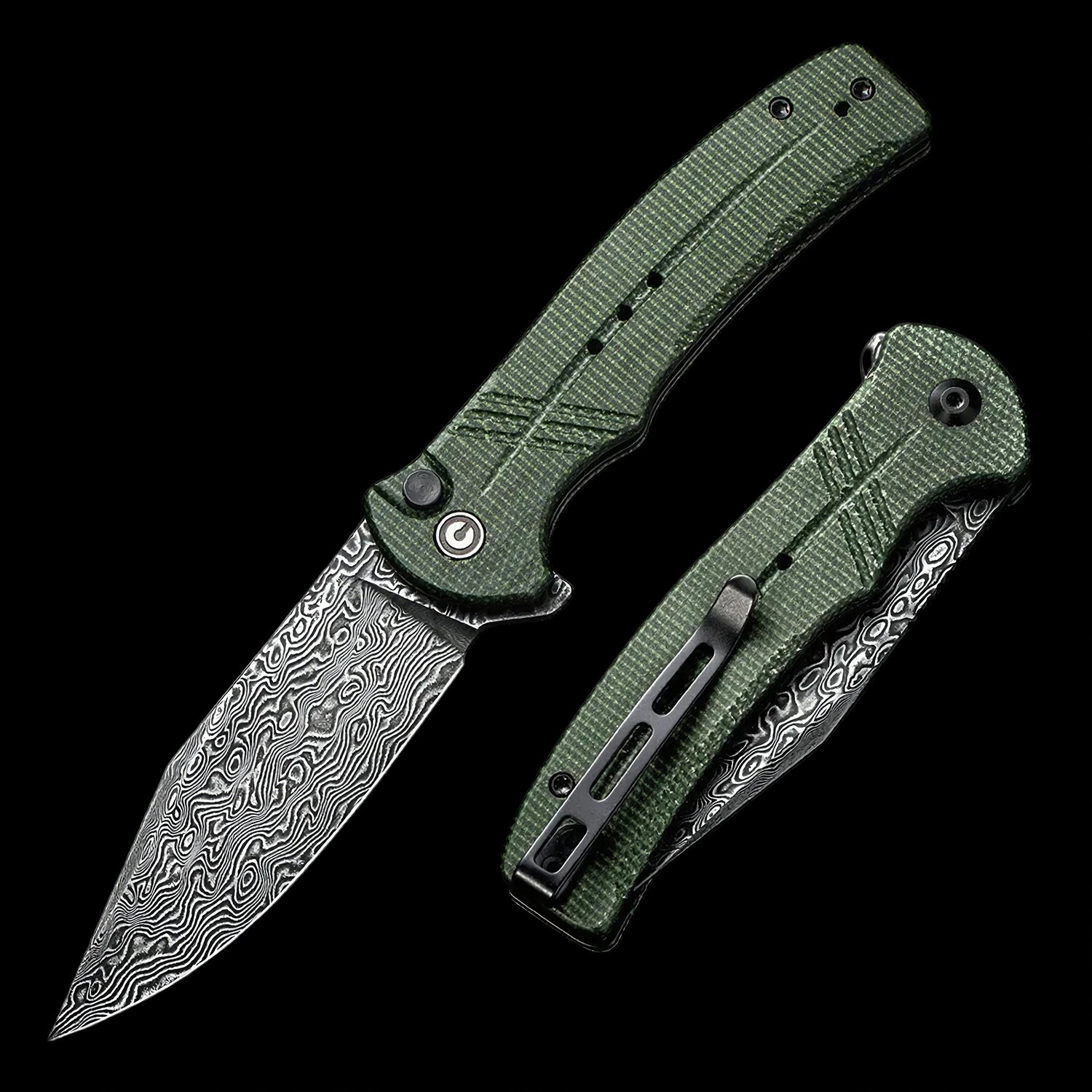 CIVIVI Cogent Damascus Steel Button Lock Flipper Green Micarta Handle