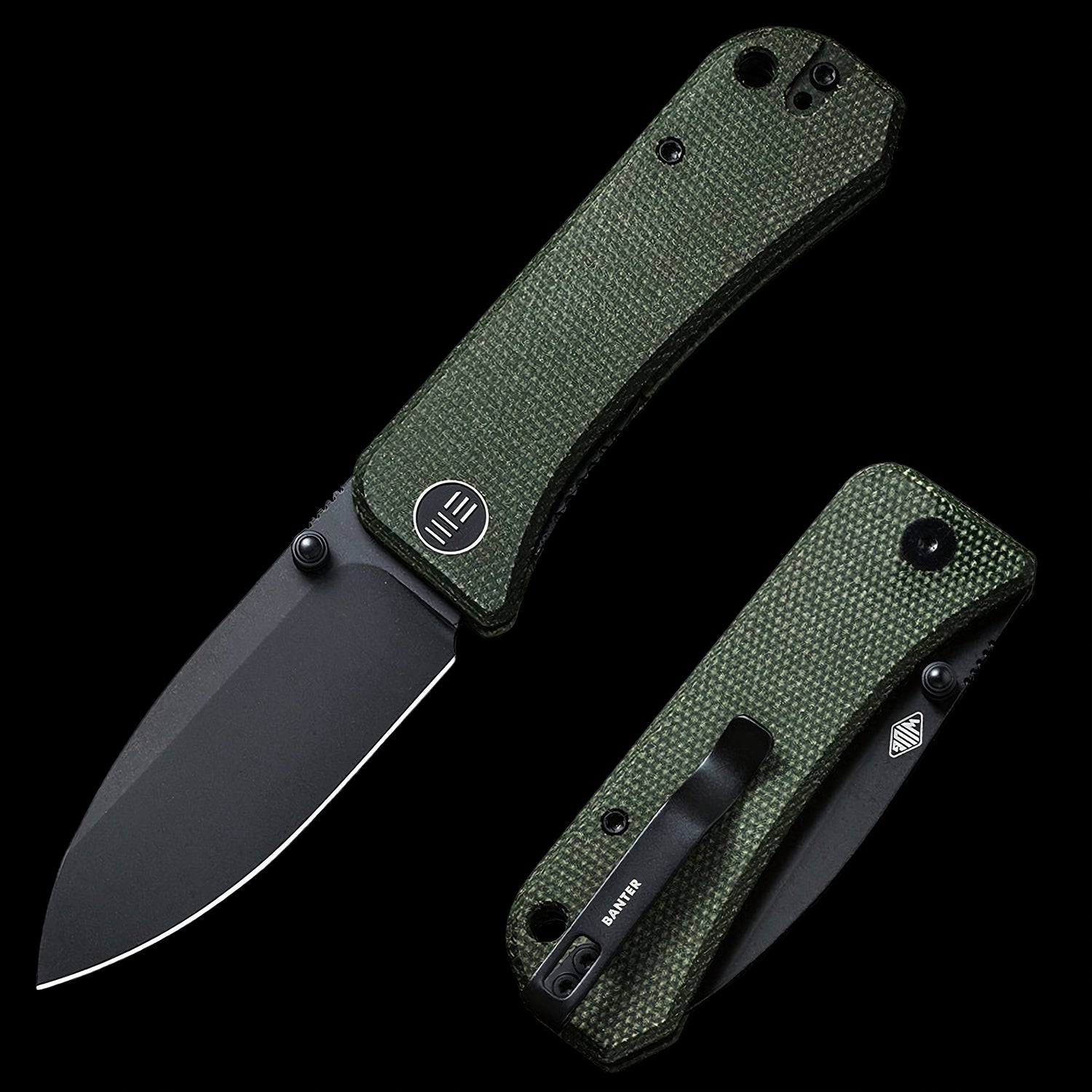 WE Knife Banter S35VN Black Stonewashed Pocket Knife - Green Micarta Handle