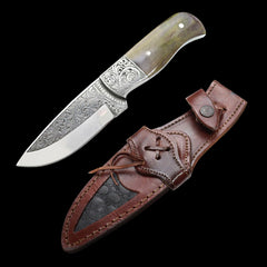 Custom Hand Engraved Tracker D2 Steel Knife - Wood Handle