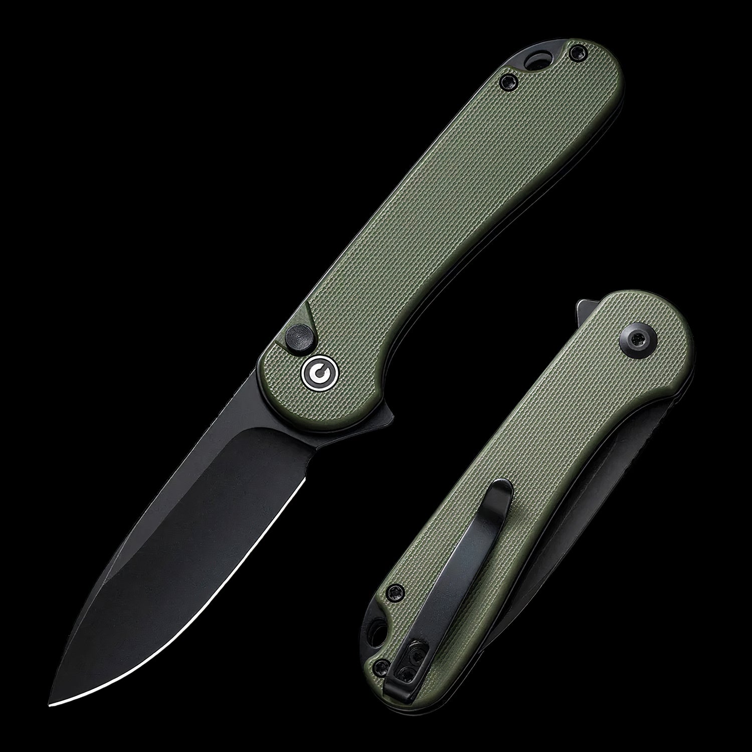 CIVIVI Elementum II Black Stonewashed Button Lock Flipper Knife OD Green G10 Handle