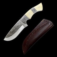 Custom Hand Engraved Tracker D2 Steel Knife - Horn Handle