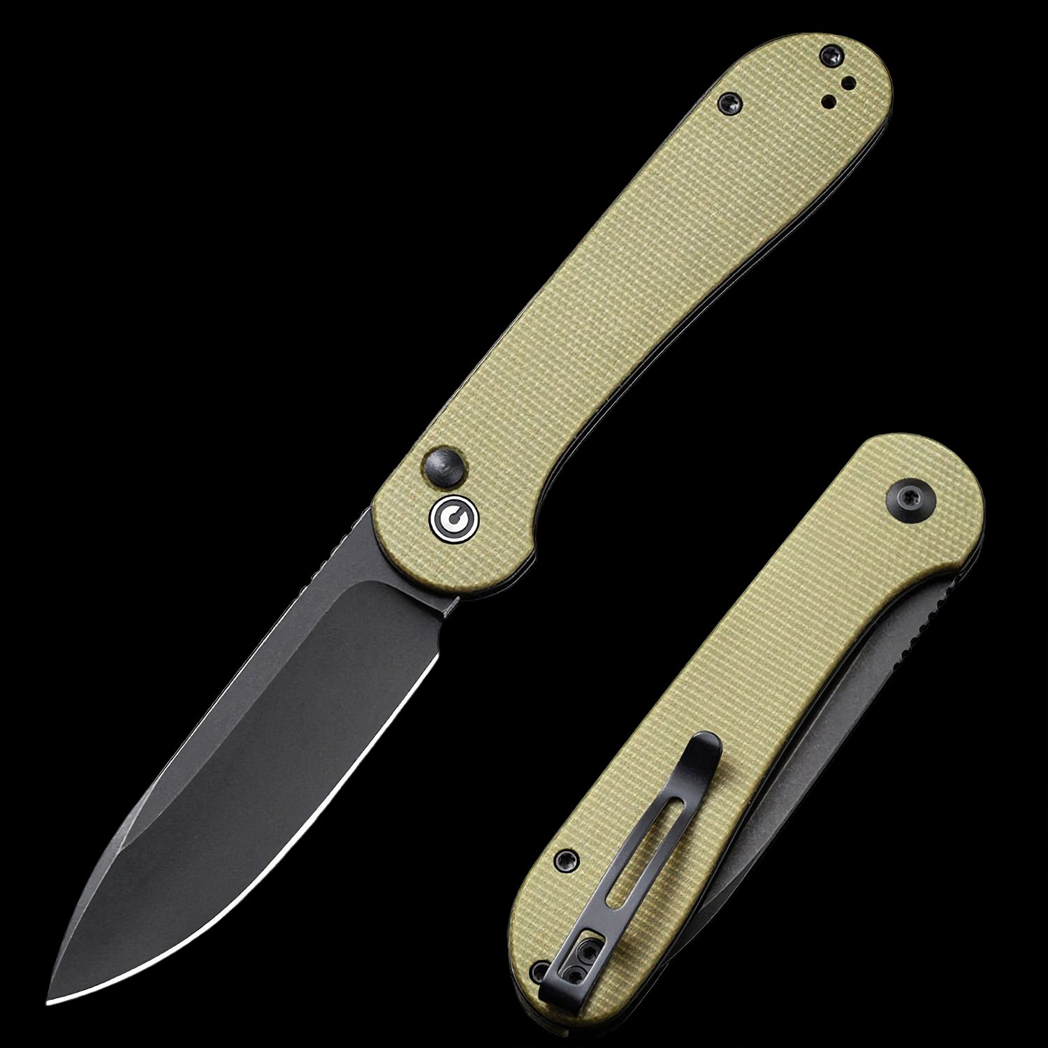 CIVIVI Elementum Black Stonewashed Button Lock Flipper Olive Micarta Handle