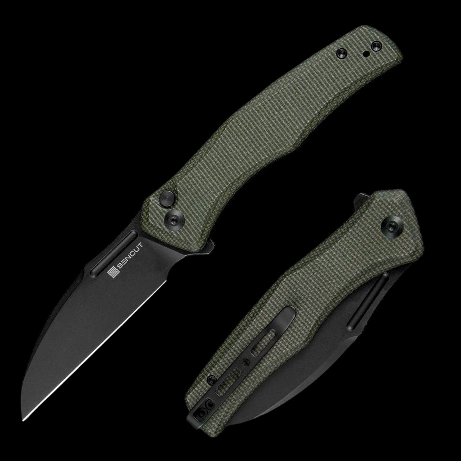 SENCUT Watauga D2 Stonewashed Button Lock Flipper - Green Micarta Handle