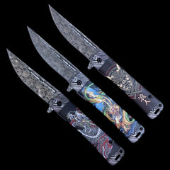 Dragons & Samurai Spring Assist Pocket Knife - Damascus Etched 3- Pack