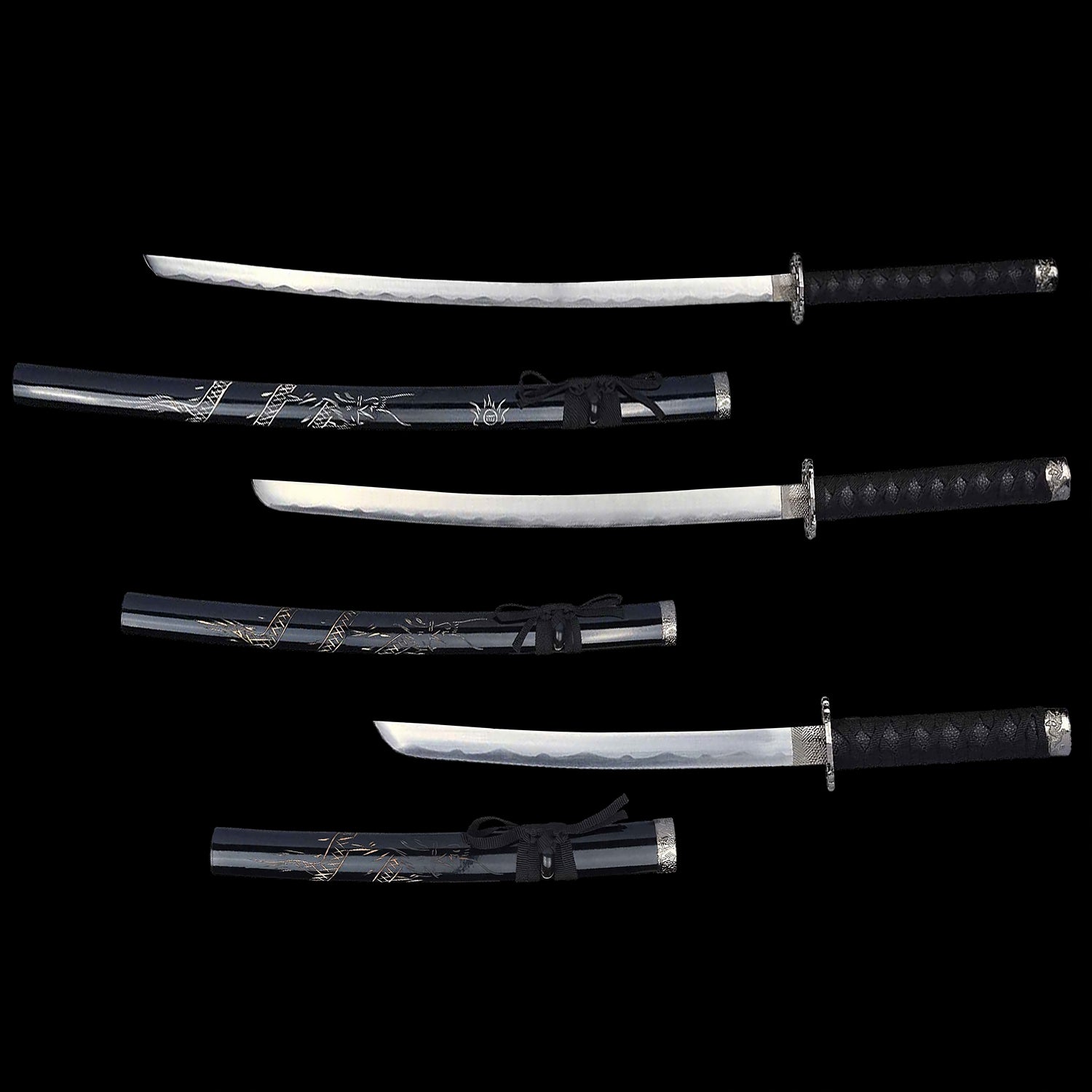 Black Dragon Collectible Display Triple Katana Sword Set with Stand (dull blade)