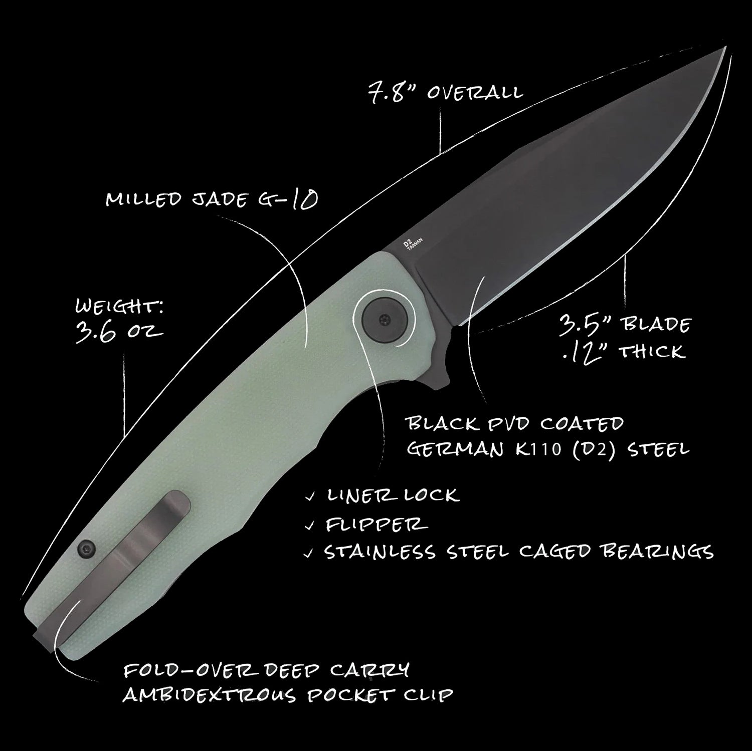 Ocaso Knives Strategy Folder D2 - Jade G10 Black