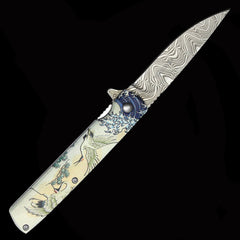 Flying Crane Spring Assisted Pocket Knife - Damascus Etched Blade