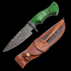 Old Ram Damascus Steel (256-Layer) 11" Fixed Blade Hunting Knife Green Wood Handle