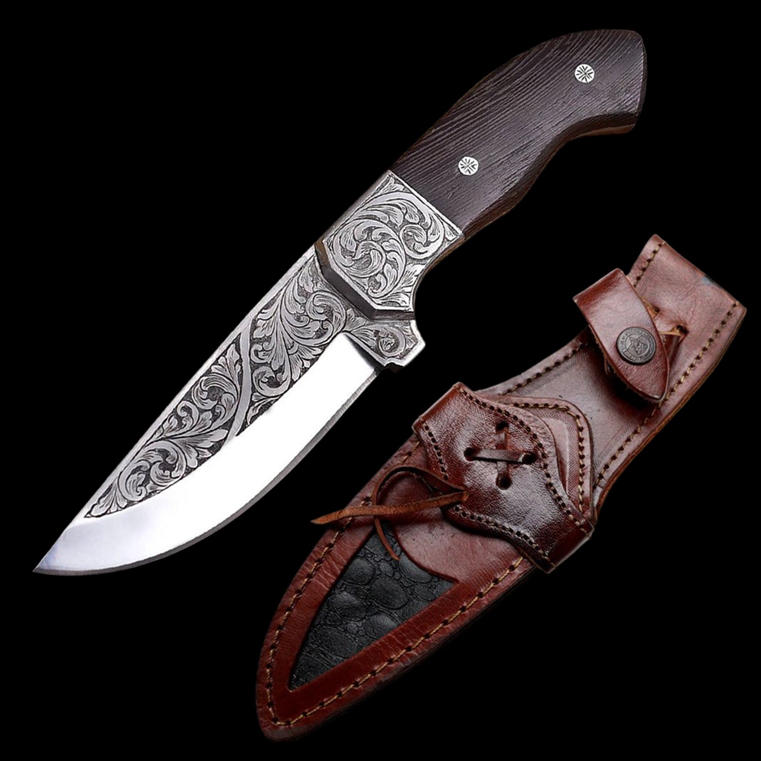 Custom Hand Engraved Tracker D2 Steel Knife - Wenge Wood Handle