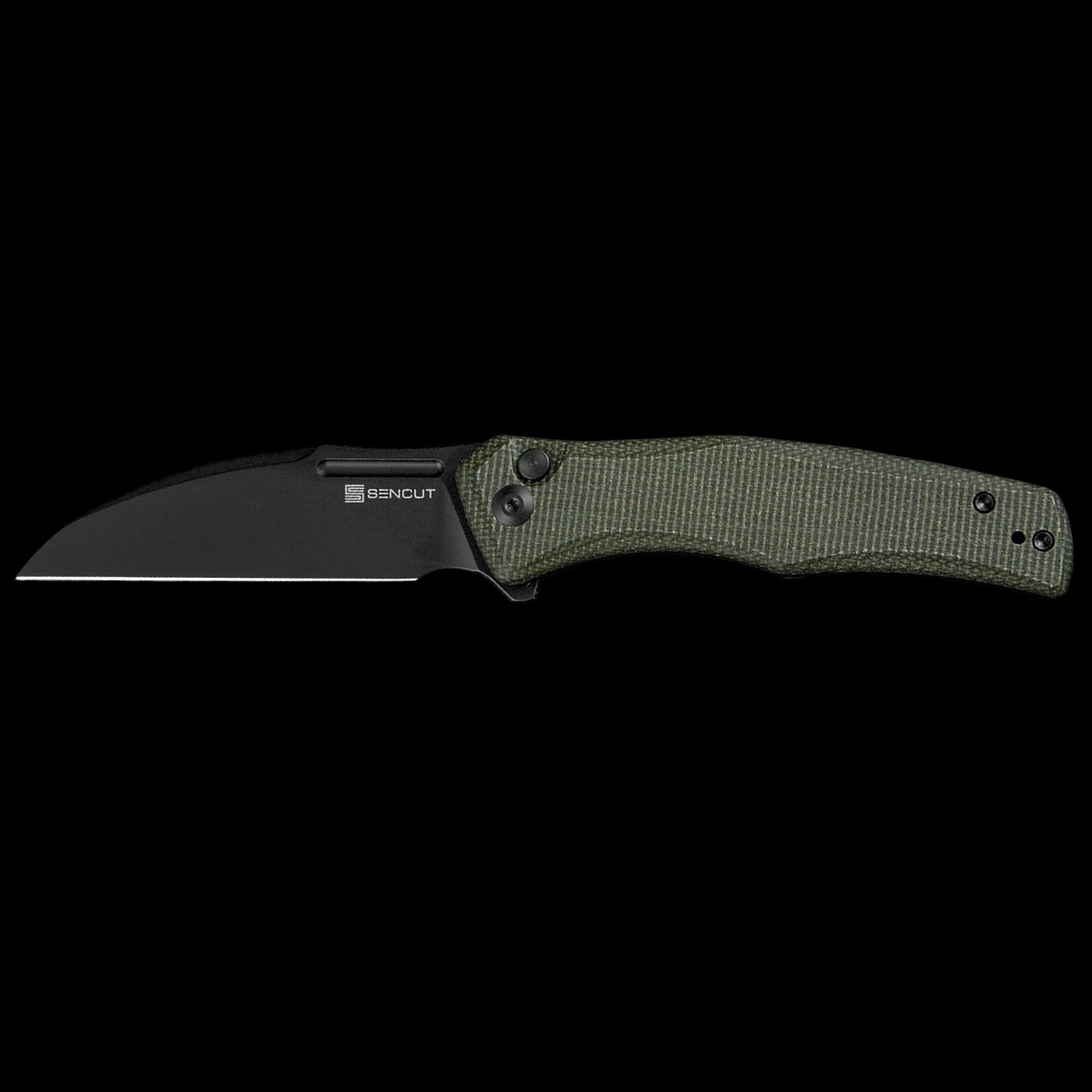 SENCUT Watauga D2 Stonewashed Button Lock Flipper - Green Micarta Handle