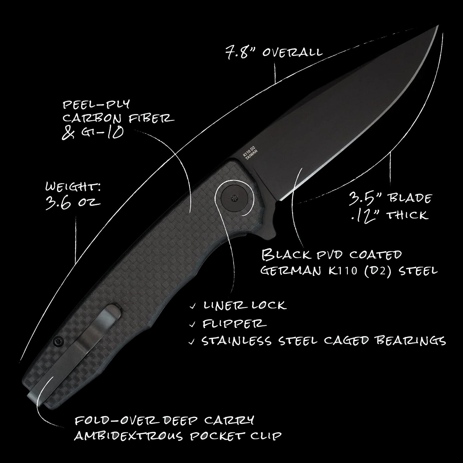 Ocaso Knives Strategy Folder Folder D2 - Carbon Fiber & G10 Black