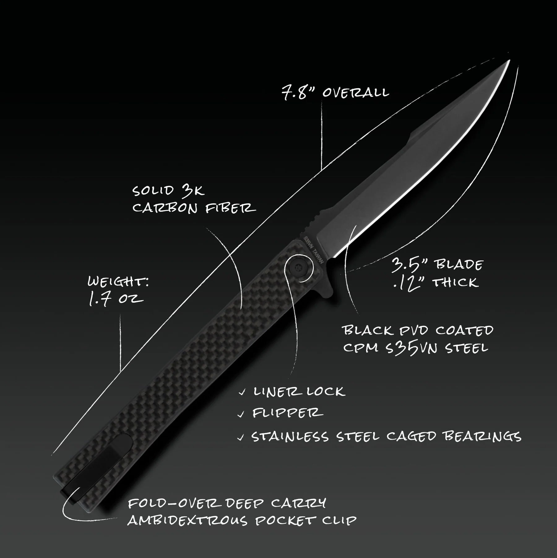 Ocaso Knives Solstice Black Harpoon S35VN - Carbon Fiber Handle