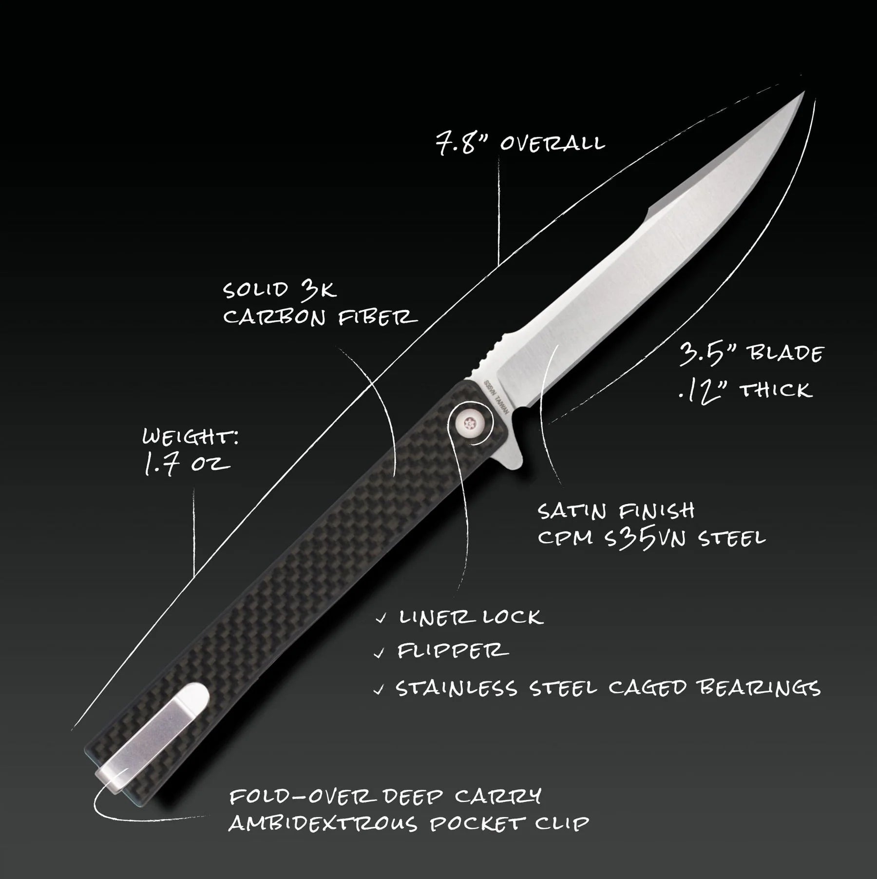 Ocaso Knives Solstice S35VN Satin Harpoon - Carbon Fiber