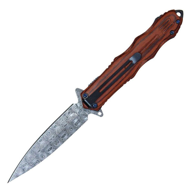 8.75" Damascus Etched Wood Handle Stiletto Pocket Knife