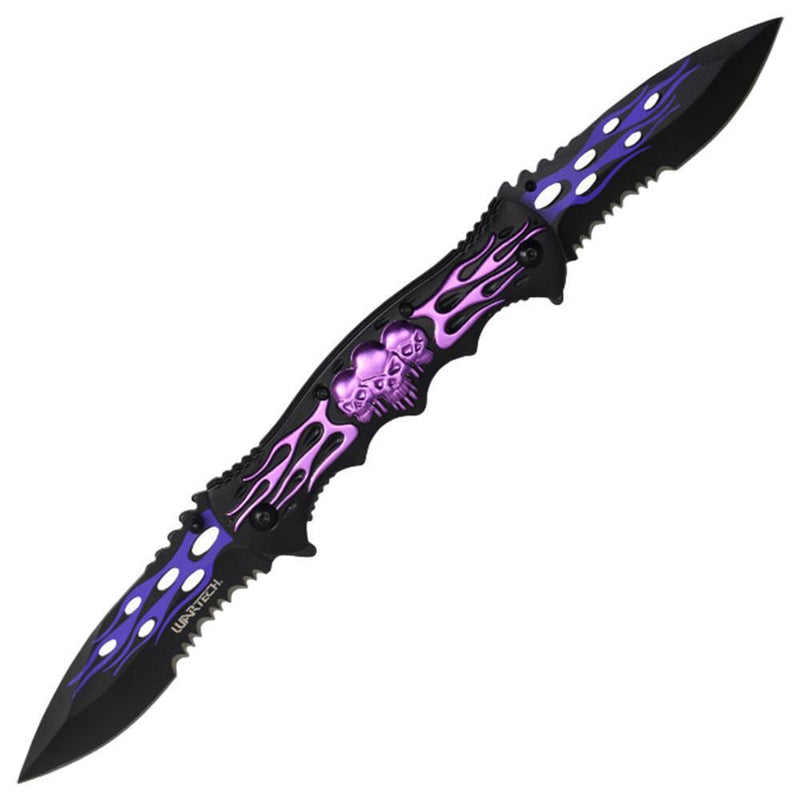 Flaming Skulls Twin Blade Spring Assisted Pocket Knife - Purple