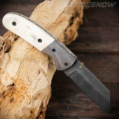 white handle Damascus Steel Pocket Knife