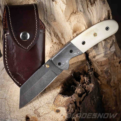 Damascus Steel Pocket Knife with leather sheath