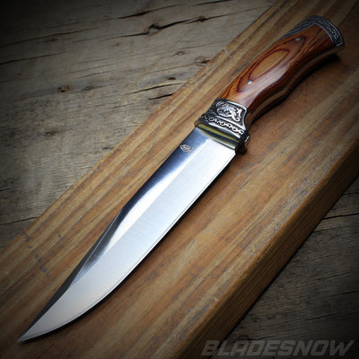 Wood Handle Ornate Fixed Blade Bowie Knife