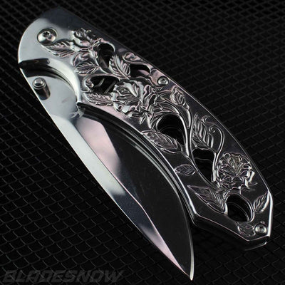 Silver Titanium Roses Floral Spring Assisted Folding Knife