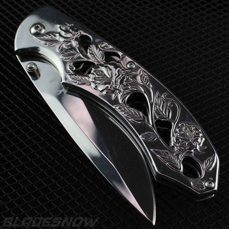 4pc Titanium Roses Floral Spring Assisted Folding Knife