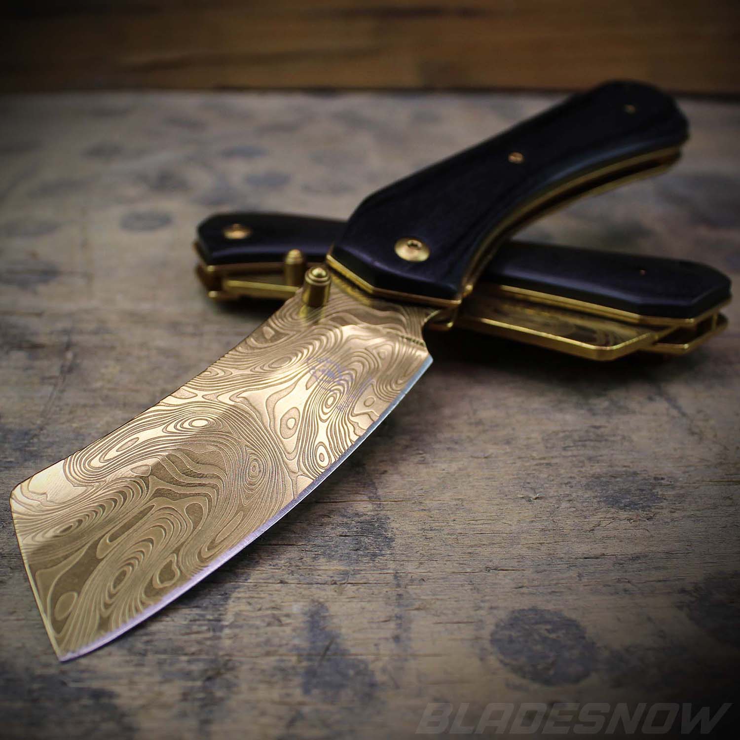 Damascus Pattern Gold Cleaver |  Spring Assisted Knife 