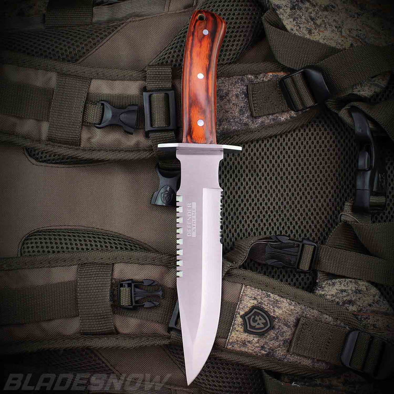 Tactical Fixed Blade Bowie Knife with Brown Wood Handle