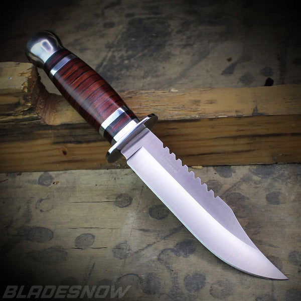 16.5 LARGE WOOD HANDLE BOWIE HUNTING KNIFE w/ SHEATH Fixed Blade Survival