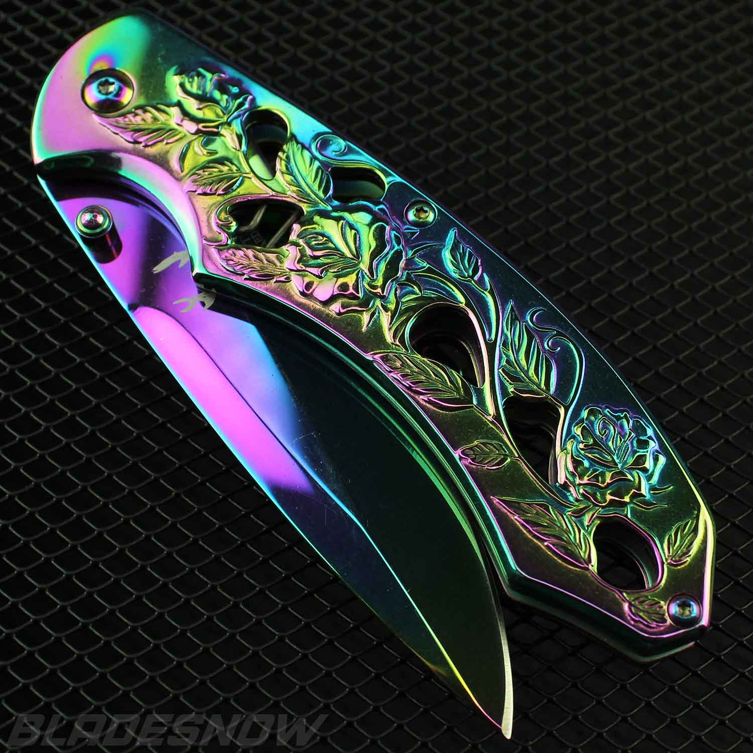 Rainbow Ornate Steel Roses Spring Assisted Pocket Knife