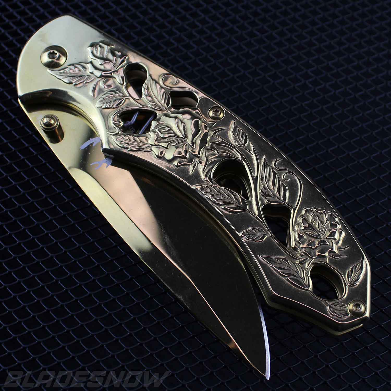 super sharp Gold Titanium Ornate  Pocket Knife foldable