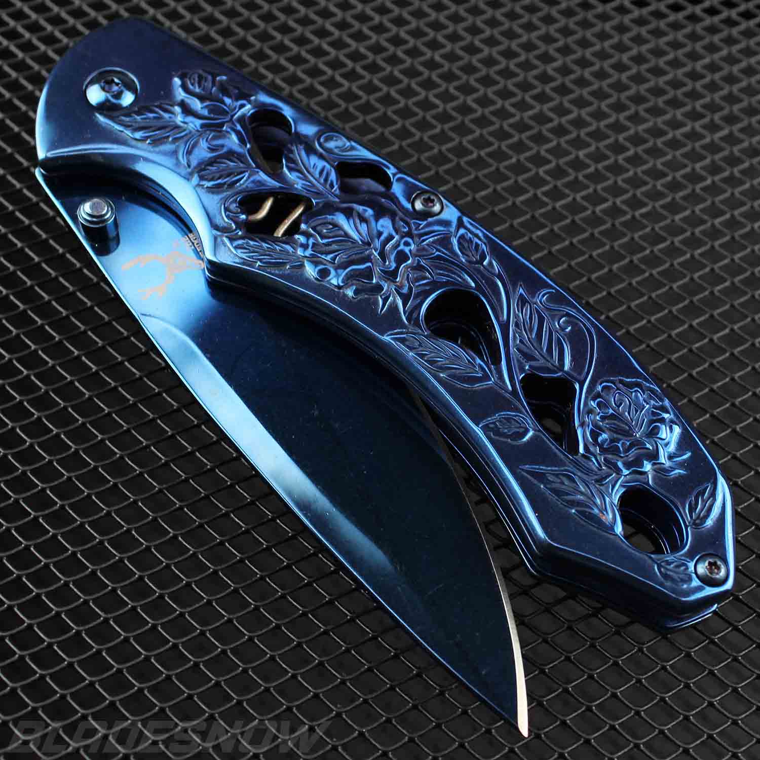 Blue Ornate Steel folding Knife