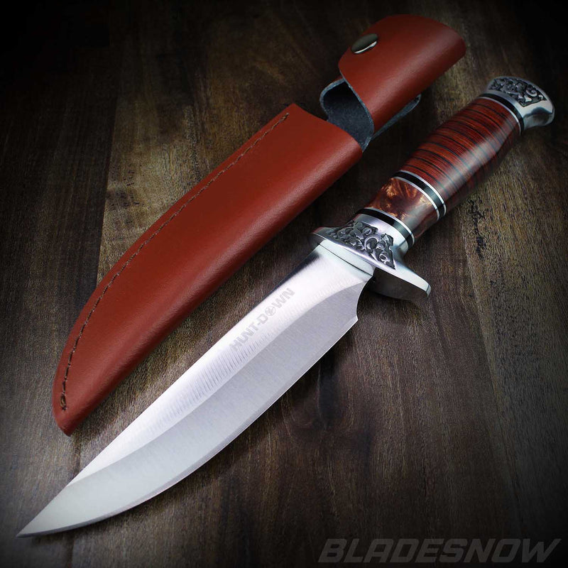 Fixed blade combat hunting knife with leather sheath