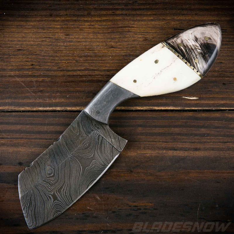 Damascus Steel Fixed Knife Sheepsfoot Beige & Black Horn
