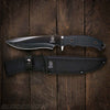 Fixed blade black handle hunting knife with nylon sheath